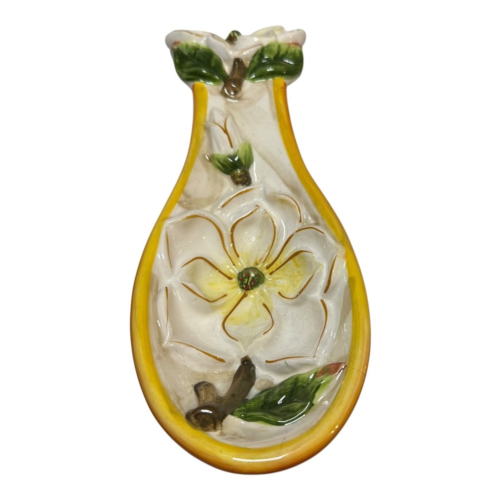 KK Ceramic Magnolia Floral Spoon Rest White Yellow Hand Painted Kitchen Decor - Picture 2 of 5